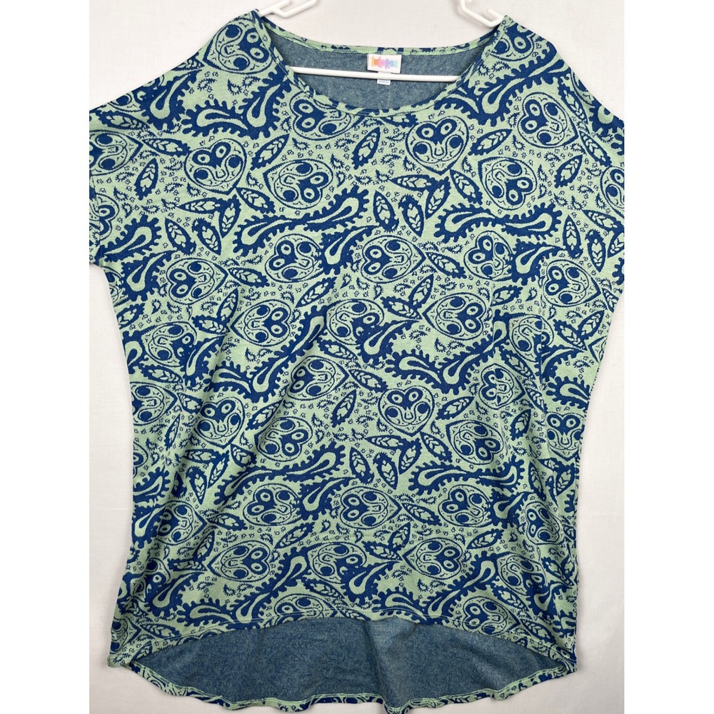 LuLaRoe Irma Tunic Top Womens XL Paisley High Low Short Sleeve Green Blue